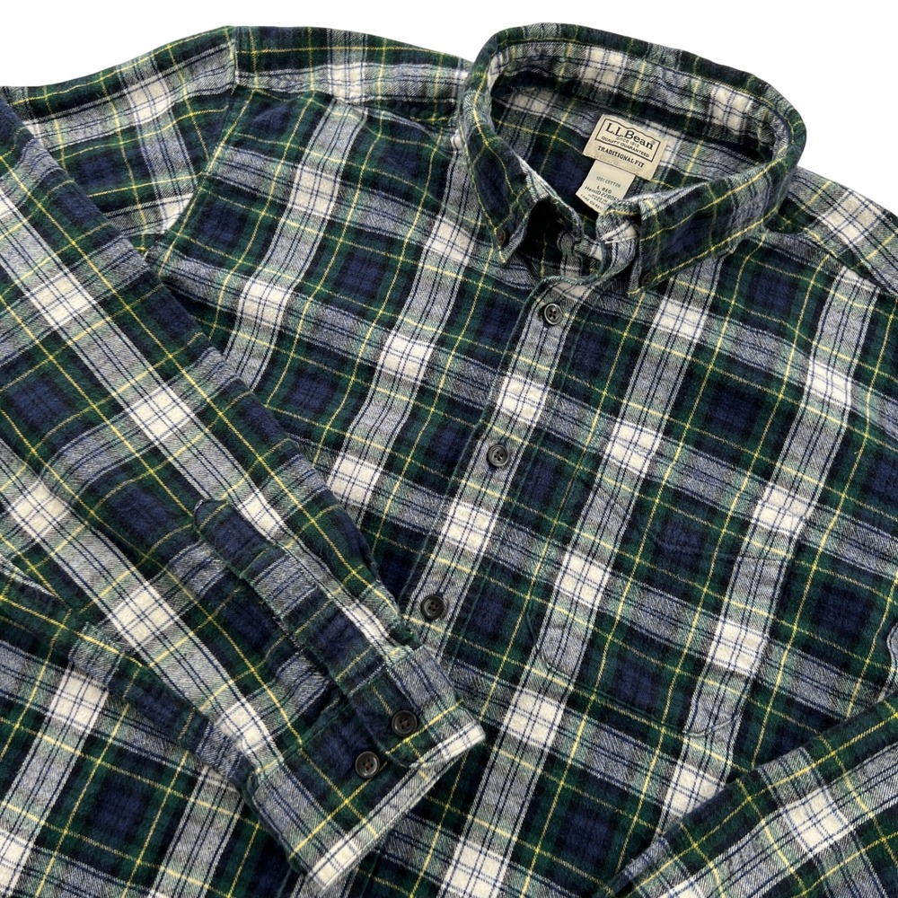 LL Bean Flannel Shirt Mens L Green Tartan Plaid Traditional Fit Cotton Heritage